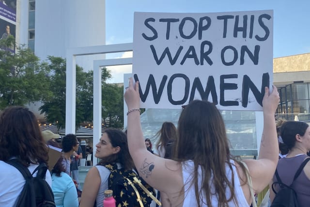  Women protest at Habima Square in Tel Aviv against the overturning of Roe v. Wade in the US, June 28, 2022.  (photo credit: Shira Silkoff)