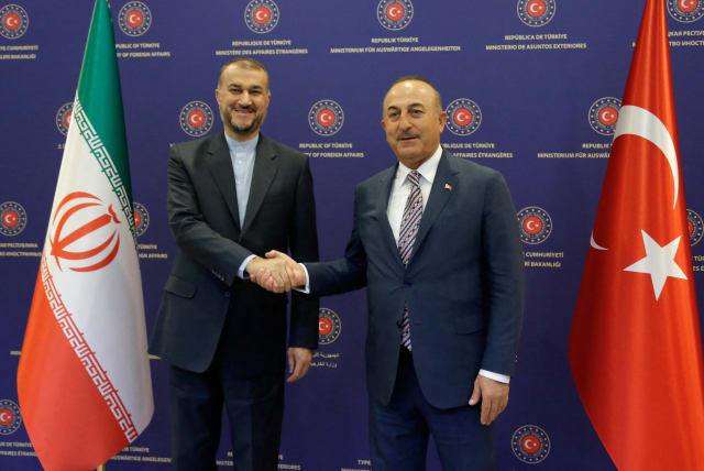 Turkish Foreign Minister Mevlut Cavusoglu meets with his Iranian counterpart Hossein Amirabdollahian in Ankara, Turkey June 27, 2022. (photo credit: REUTERS/CAGLA GURDOGAN)