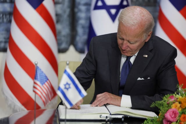  US President Joe Biden meets with Israeli President Isaac Herzog at his residence in Jerusalem, July 14, 2022 (photo credit: REUTERS/EVELYN HOCKSTEIN)