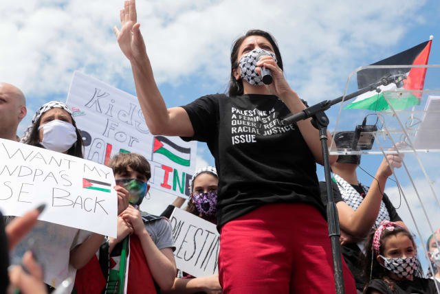  Palestinian-American congresswoman Rashida Tlaib attends a pro-Palestinian protest in Dearborn, Michigan, US, May 16, 2021.  (photo credit: REUTERS/REBECCA COOK)