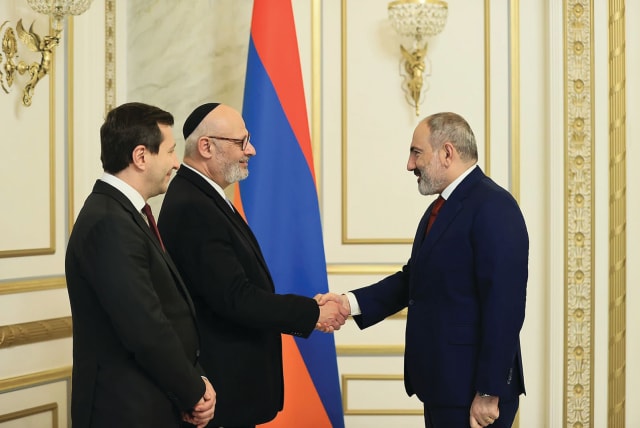 AMBASSADOR Joel Lion meets in June with Armenia’s Prime Minister Nikol Pashinyan in Yerevan, after becoming a non-resident ambassador to Armenia and Moldova. (photo credit: Joel Lion/Twitter)