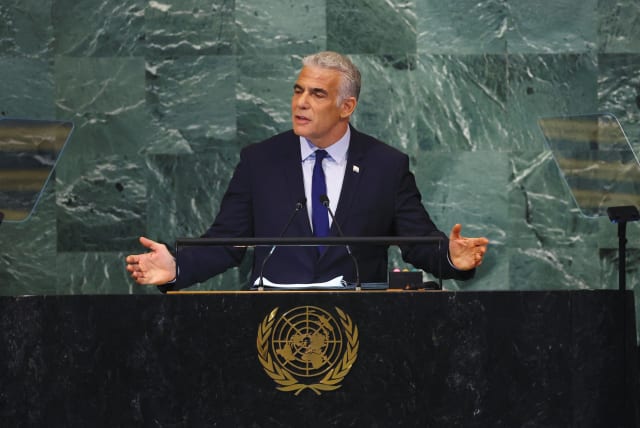  PRIME MINISTER Yair Lapid addresses the 77th Session of the UN General Assembly in New York City, Sept. 22.  (photo credit: Mike Segar/Reuters)