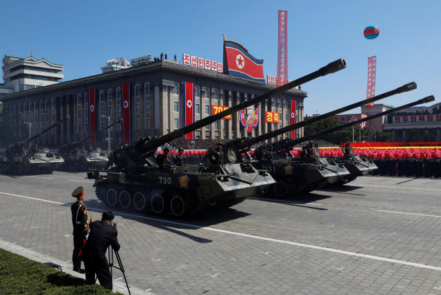  Self propelled artillery roll pass during a military parade marking the 70th anniversary of North Korea's foundation in Pyongyang, North Korea, September 9, 2018 (photo credit: DANISH SIDDIQUI/ REUTERS)