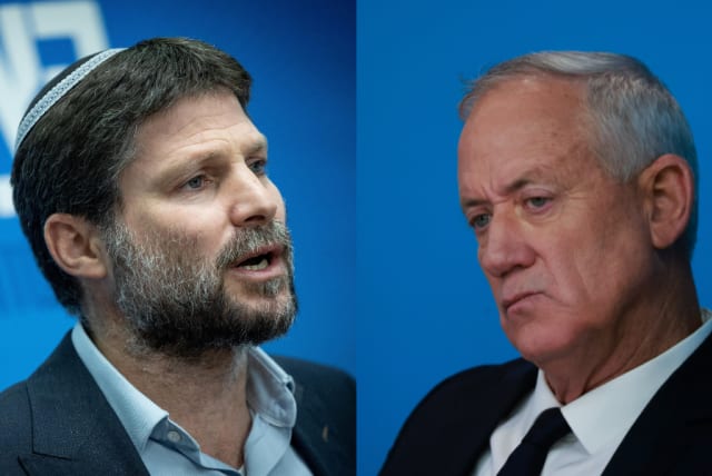  LEFT: Religious Zionist Party leader MK Bezalel Smotrich. RIGHT: National Unity Party chair, Defense Minister Benny Gantz. (photo credit: OLIVIER FITOUSSI/FLASH90, YONATAN SINDEL/FLASH90)