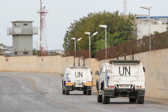  UN peacekeepers (UNIFIL) vehicles drive in Naqoura, near the Lebanese-Israeli border, southern Lebanon, May 4, 2021. (photo credit: AZIZ TAHER/REUTERS)