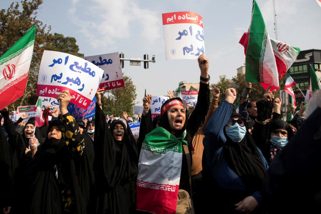  Iranian women chant during a protest condemning the Shiraz attack and unrest in Tehran, Iran October 28, 2022 (photo credit: WEST ASIA NEWS AGENCY/REUTERS)