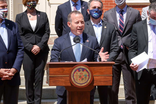 Rep. Josh Gottheimer speaks at a Maryland infrastructure press conference in April 2021. (photo credit: MDGOVPICS/CC BY 2.0 (https://creativecommons.org/licenses/by/2.0)/VIA WIKIMEDIA COMMONS)