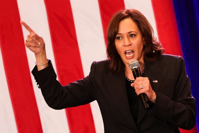 US Vice President Kamala Harris speaks on stage at "Get Out the Vote" rally at UCLA, in Los Angeles, California, US, November 7, 2022. (photo credit: REUTERS/MIKE BLAKE)