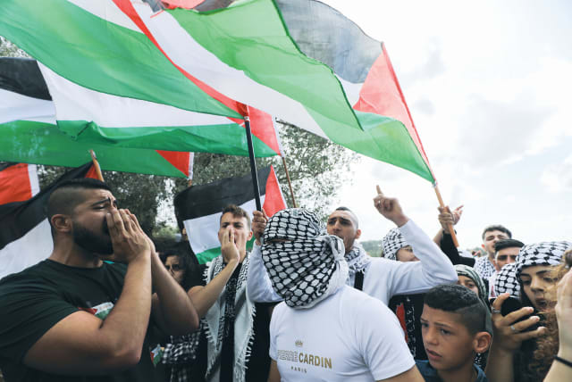  ISRAELI ARABS and left-wing activists waving Palestinian flags hold a rally near Sakhnin, in northern Israel, earlier this year.  (photo credit: JAMAL AWAD/FLASH90)