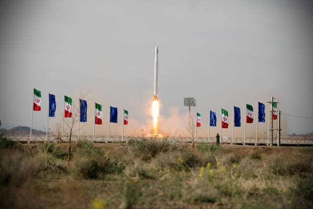  A first military satellite named Noor is launched into orbit by Iran's Revolutionary Guards Corps, in Semnan, Iran April 22, 2020 (photo credit: WANA/SEPAH NEWS VIA REUTERS)