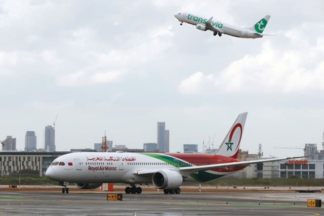  A ROYAL AIR MAROC Boeing 787-9 Dreamliner lands at Ben-Gurion Airport on March 13, after flying RAM’s first scheduled commercial flight from Casablanca. (photo credit: JACK GUEZ/AFP VIA GETTY IMAGES)