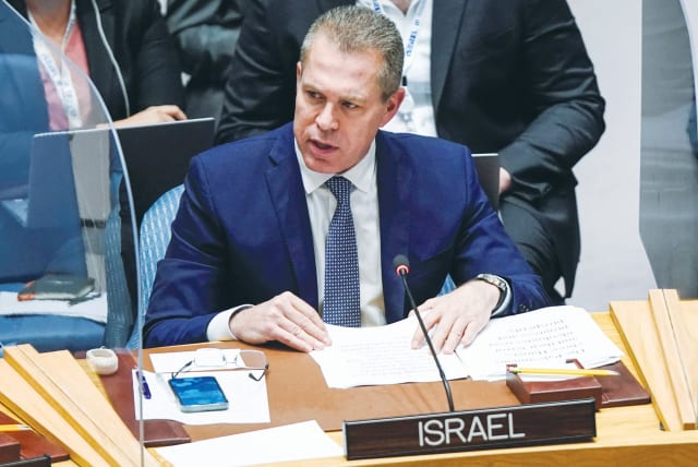  ISRAEL’S AMBASSADOR to the UN Gilad Erdan speaks at a Security Council meeting on the situation in the Middle East in August. Last week, the UN General Assembly referred the West Bank issue to the World Court. (photo credit: Eduardo Munoz/Reuters)