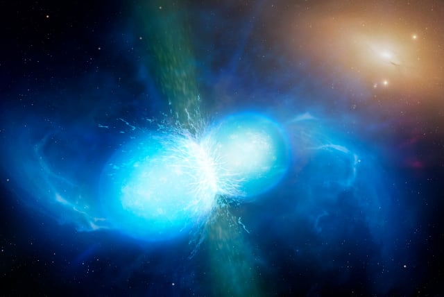Artist's impression of neutron stars merging, producing gravitational waves and resulting in a kilonova (photo credit: UNIVERSITY OF WARWICK/MARK GARLICK/CC BY 4.0 (https://creativecommons.org/licenses/by/4.0)/WIKIMEDIA)