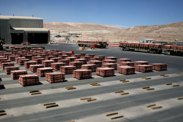  Sheets of copper cathode are pictured at BHP Billiton's Escondida, the world's biggest copper mine, in Antofagasta (photo credit: REUTERS)