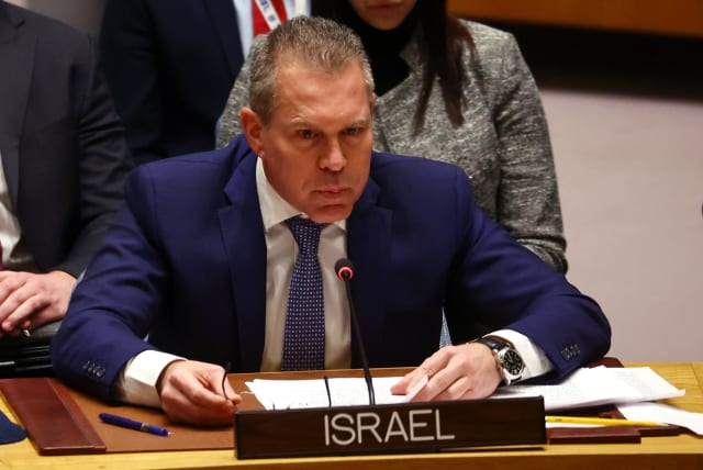  Gilad Erdan, Israeli Ambassador to the United Nations speaks during a U.N. Security Council meeting to discuss recent developments at the Al Aqsa mosque compound in Jerusalem, at U.N. headquarters in New York City, New York, US, January 5, 2023.  (photo credit: REUTERS/MIKE SEGAR)