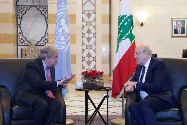  United Nations Secretary-General Antonio Guterres gestures as he talks with Lebanon's Prime Minister Najib Mikati in Beirut, Lebanon December 20, 2021 (photo credit: DALATI NOHRA/HANDOUT VIA REUTERS)