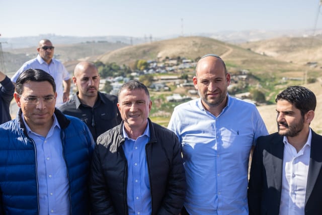  Likud MKs Yuli Edelstein and Danny Danon visit the Bedouin village Khan al-Ahmar, in the West Bank on January 23, 2023. (photo credit: YONATAN SINDEL/FLASH90)