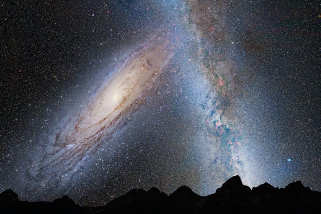  This illustration shows a stage in the predicted merger between our Milky Way galaxy and the neighboring Andromeda galaxy, as it will unfold over the next several billion years. In this image, representing Earth's night sky in 3.75 billion years, Andromeda (left) fills the field of view (photo credit: NASA; ESA; Z. Levay and R. van der Marel, STScI; T. Hallas; and A. Mellinger)