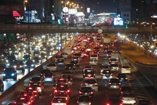  A traffic jam during the holiday season in Jal el-Dib, Lebanon, on December 22, 2022. Psychologists say traffic congestion may be a contributing factor to road rage. (photo credit: MOHAMED AZAKIR/REUTERS)