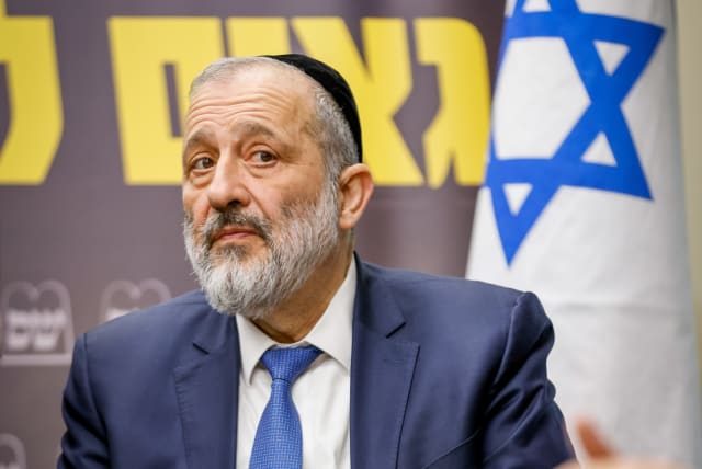  Shas leader MK Aryeh Deri at a party meeting, in the Knesset, the Israeli parliament in Jerusalem, on January 30, 2023. (photo credit: OLIVIER FITOUSSI/FLASH90)