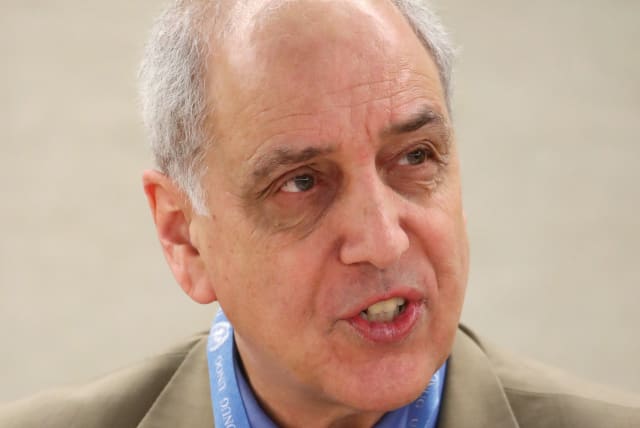  MICHAEL LYNK, then-special rapporteur on the situation of human rights in the Palestinian territories, attends a session of the Human Rights Council at the UN in Geneva, in 2019. (photo credit: DENIS BALIBOUSE/REUTERS)