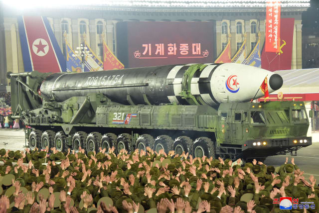  A missile is displayed during a military parade to mark the 75th founding anniversary of North Korea's army, at Kim Il Sung Square in Pyongyang, North Korea February 8, 2023, in this photo released by North Korea's Korean Central News Agency (KCNA). (photo credit: KCNA/REUTERS)