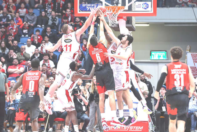  ITAY SEGEV (left picture, 6) and Hapoel Jerusalem overcame Hapoel Haifa 77-73 in their State Cup semifinal. (photo credit: Liron Moldovan)