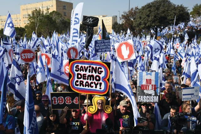 THOUSANDS OF protesters rally against the government’s proposed judicial overhaul outside the Knesset on Monday. (photo credit: GILI YAARI/FLASH90)