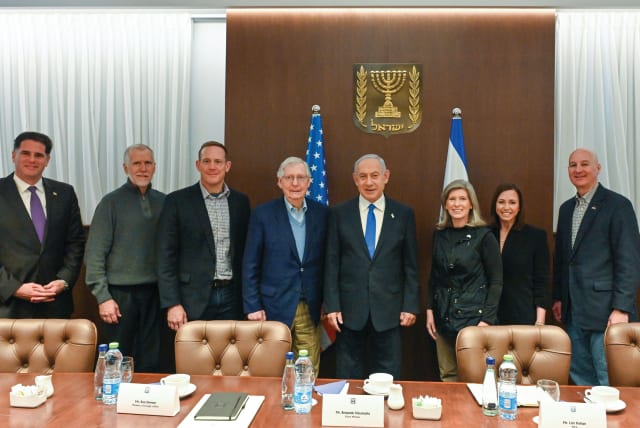  PRIME MINISTER Benjamin Netanyahu meets yesterday with US Senate Minority Leader Mitch McConnell (fourth from left) at the Prime Minister’s Office in Jerusalem, along with a Republican delegation including Sens. Katie Britt, Ted Budd, Joni Ernst, Markwayne Mullin, Pete Ricketts and Thom Tillis.  (photo credit: KOBI GIDON / GPO)