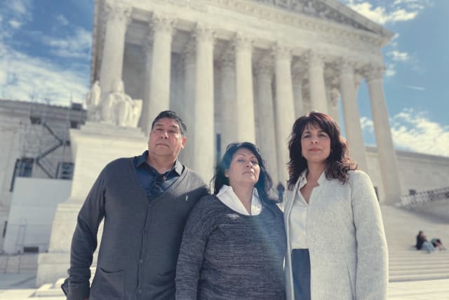  BEATRIZ GONZALEZ and Jose Hernandez, mother and stepfather of Nohemi Gonzalez, who was killed in an ISIS attack, in front of the Supreme Court in Washington with Shurat Hadin head Nitsana Darshan-Leitner.  (photo credit: SHURAT HADIN)