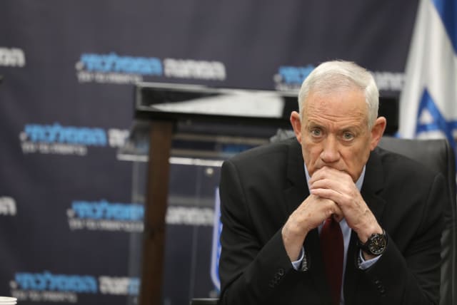  Leader of the National Unity Party MK Benny Gantz speaks during a faction meeting of the National Unity Party at the Knesset, the Israeli parliament in Jerusalem, on February 27, 2023 (photo credit: NOAM REVKIN FENTON/FLASH90)