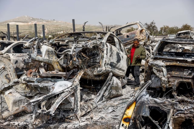  View of cars burned by Jewish settlers during riots last night in Huwara, in the West Bank, near Nablus, February 27, 2023 (photo credit: ERIK MARMOR/FLASH90)