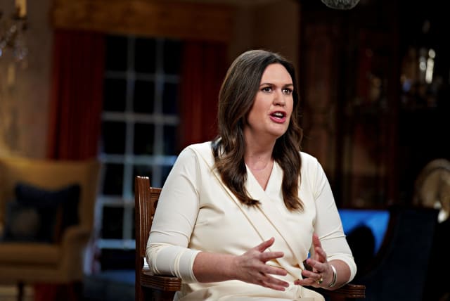 Sarah Huckabee Sanders, governor of Arkansas, speaks while delivering the Republican response to President Biden's State of the Union address in Little Rock, Arkansas, US, on Tuesday, Feb. 7, 2023. (photo credit: Al Drago/Pool via REUTERS)