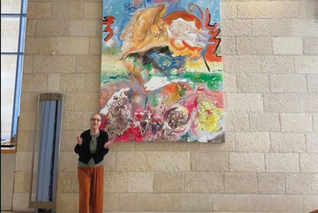  WITH ‘HADAR,’ a five-meter-high oil on canvas, now on display at the Jerusalem Municipality. (photo credit: Ellen Lapidus Stern)