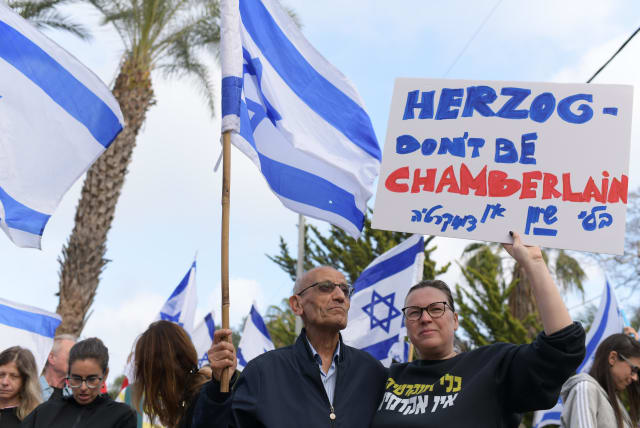  Israelis who oppose the Israeli government's planned judicial overhaul protest outside the home of Israeli President Isaac Herzog in Tel Aviv, March 3, 2023. (photo credit: TOMER NEUBERG/FLASH90)
