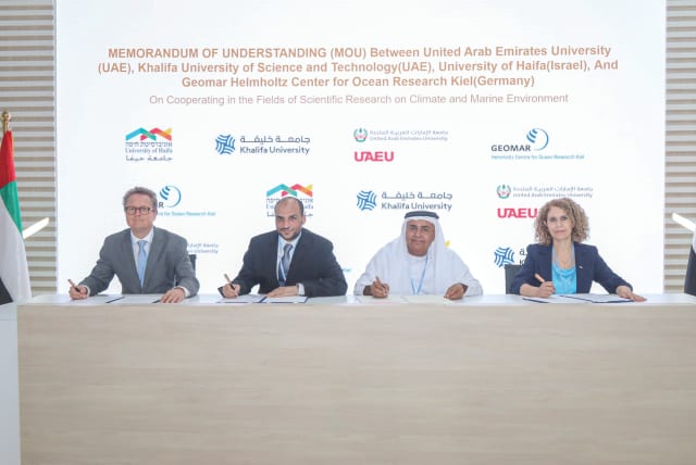  THE WRITER attends a signing of an MOU involving the University of Haifa, United Arab Emirates University, Khalifa University of Science and Technology, and GEOMAR Helmholtz Center for Ocean Research Kiel, on tackling the consequences of climate change and pollution. (photo credit: UAE government)
