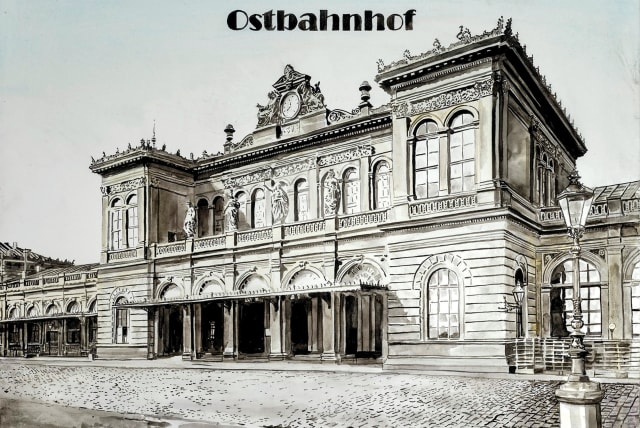  The Ostbahnhof (Eastern Railway Station) in Vienna, built between 1867 and 1870, was replaced by a new Südbahnhof in 1955, which in turn was demolished in 2009 and replaced by the Hauptbahnhof (Main Railway Station). Painting based on a photograph by Ellen Harvey: ‘The Disappointed Tourist.’ (photo credit: disappointedtourist.org)
