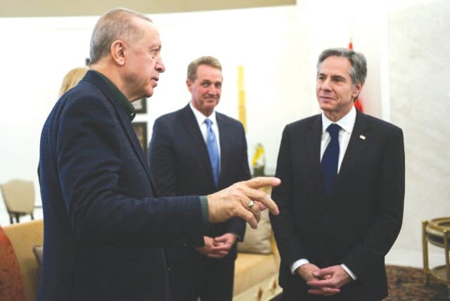  TURKISH PRESIDENT Recep Tayyip Erdogan talks to US Secretary of State Antony Blinken during a meeting in Ankara, last month. (photo credit: Burhan Ozbilici/Reuters)
