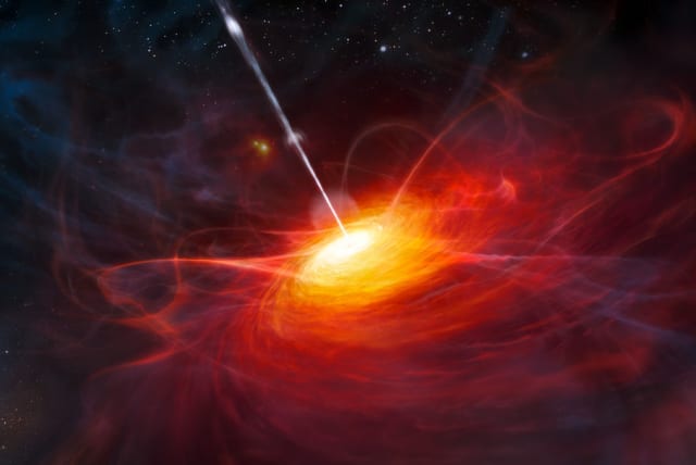  This artist’s impression shows how ULAS J1120+0641, a very distant quasar powered by a black hole with a mass two billion times that of the Sun, may have looked.  (photo credit: Wikimedia Commons)