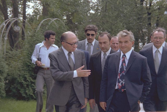  THEN-PRIME MINISTER Menachem Begin and then-Romanian president Nicolae Ceausescu walk in the garden of the presidential residence near Bucharest, in August 1977.  (photo credit: Moshe Milner/GPO)