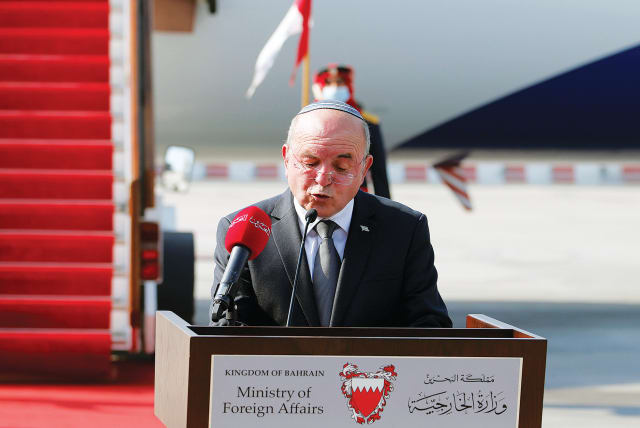  THEN-NATIONAL security adviser Meir Ben-Shabbat, heading an Israeli delegation, delivers a statement upon arrival in Bahrain, in 2020. (photo credit: HAMAD I MOHAMMED/REUTERS)