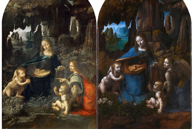 LEFT: Leonardo da Vinci's first rendition of "the Virgin of the Rocks," painted between 1483-1486 RIGHT: His second rendition of the painting, completed around 1508.   (photo credit: Wikimedia Commons)