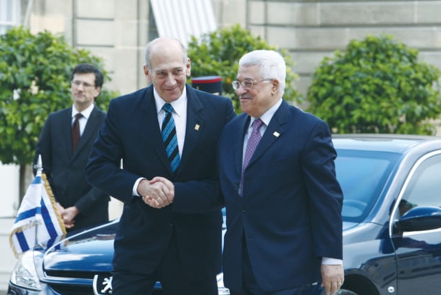  EHUD OLMERT implored Mahmoud Abbas to embrace the role of historic peacemaker: ‘It will be 50 years before there will be another Israeli prime minister that will offer you what I am offering you now,’ he said.  (photo credit: THAER GANAIM/FLASH90)