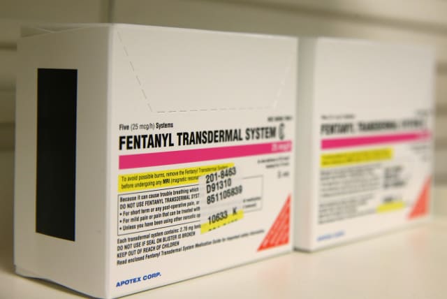  Boxes of Fentanyl Transdermal System made by Apotex Corporation sit on a shelf at a pharmacy, in Provo, Utah on May 9, 2019 (photo credit: REUTERS/GEORGE FREY)