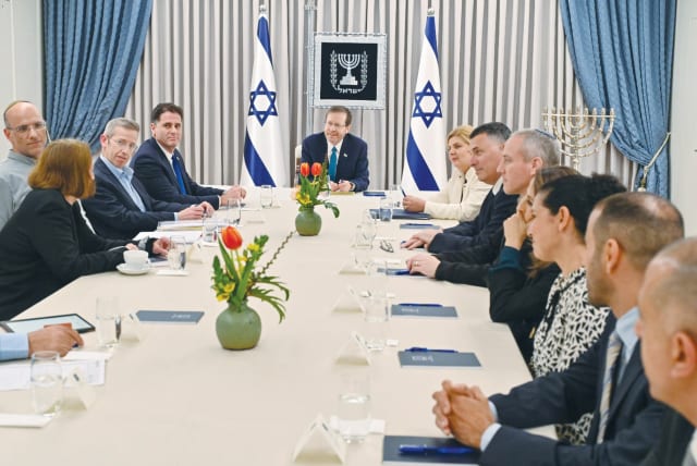  PRESIDENT ISAAC Herzog meets with members of the government coalition and the opposition on establishing a dialogue to bridge the gaps over the legal reforms, at the President’s Residence, in Jerusalem, on Tuesday (photo credit: KOBI GIDEON/GPO)