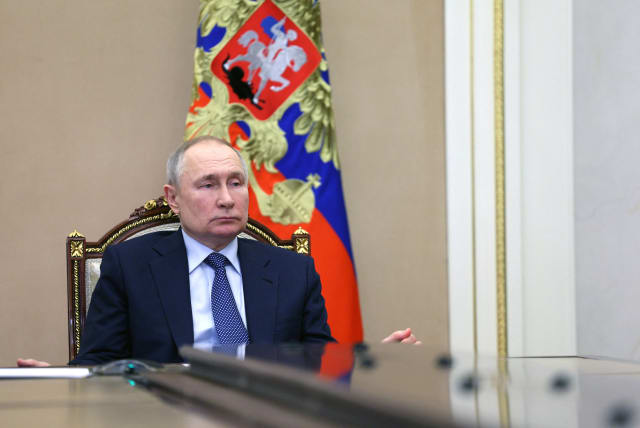  Russian President Vladimir Putin chairs a meeting with members of the Security Council via a video link in Moscow, Russia, March 31, 2023. (photo credit: SPUTNIK/ALEXEI BABUSHKIN/KREMLIN VIA REUTERS)