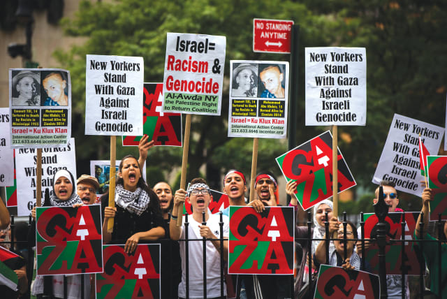 AN ANTI-ISRAEL protest takes place in New York City during Operation Protective Edge, in 2014.  (photo credit: LUCAS JACKSON/REUTERS)