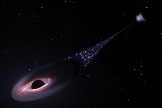  This is an artist's impression of a runaway supermassive black hole that was ejected from its host galaxy as a result of a tussle between it and two other black holes. As the black hole plows through intergalactic space it compresses gas and forms stars (Illustrative). (photo credit: NASA, ESA, Leah Hustak (STScI))