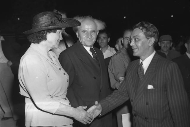   PRIME MINISTER David Ben-Gurion and his wife Paula welcome guests at a reception for Independence Day in 1949.  (photo credit: Yaakov Sa’ar/GPO)
