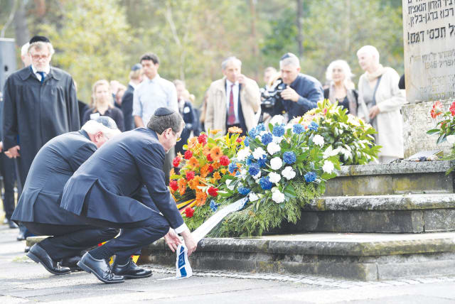  PRESIDENT ISAAC Herzog and German counterpart Frank-Walter Steinmeier lay wreaths at the memorial site of the former concentration camp Bergen-Belsen in Lohheide, Germany, last year. (photo credit: Fabian Bimmer/REUTERS)